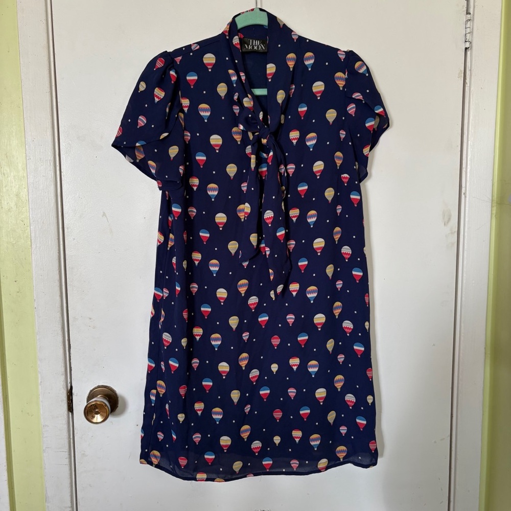 Size small The Moon hot air balloon novelty print mini dress navy blue